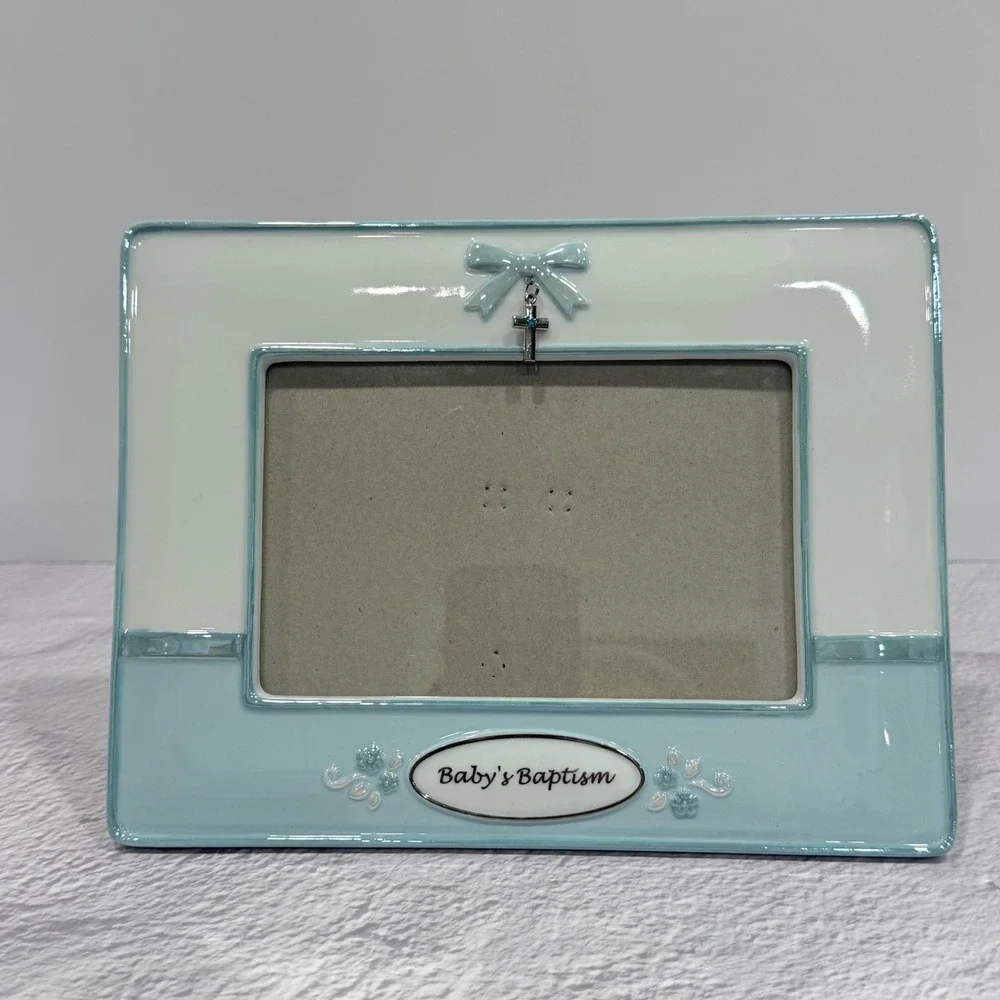 Russ Berrie Baby's Baptism Ceramic Photo Frame Blue White Cross Charm 4x6 34834